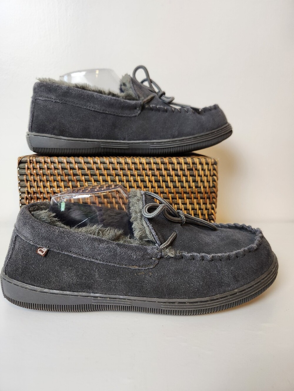 Lamo Theo Gray Suede Faux Fur Lined Foam Footbed Moccasin Slipper Shoes